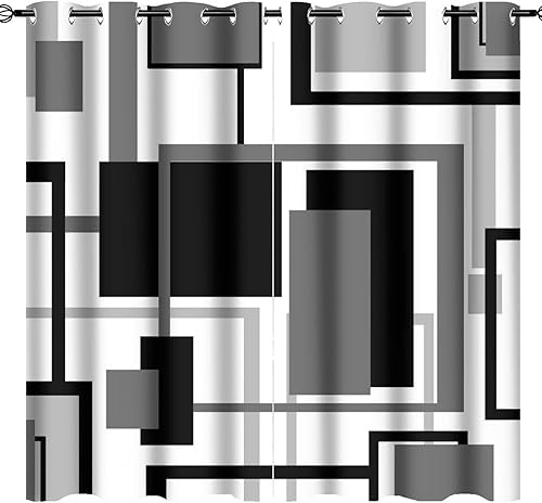 Kazynee Cortinas opacas negras y grises para dormitorio, arte abstracto moderno, cuadros geométricos, ojales de mediados de siglo, con aislamiento Kazynee Cortinas opacas negras y grises para dormitorio, arte abstracto moderno, cuadros geométricos, ojales de mediados de siglo, con aislamiento
