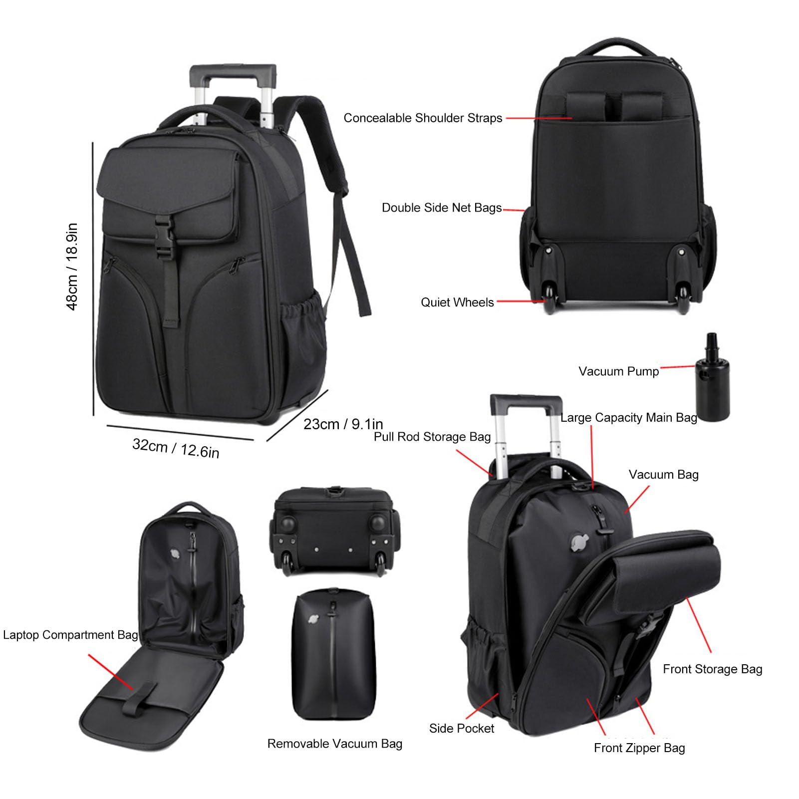 Rolling Backpack, 30L Travel Plecak z Kółkami, Kompresja Próżniowa, Plecak z Plecakiem Wózka do Biznesu i Podróży podróżą
