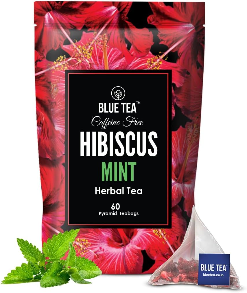 BLUE TEA - Hibiscus Tea - 60 Count - Mint - Pyramid Plant Based Tea Bags | CHRISTMAS GIFTS | HERBAL TEA | Skin Glow Enhancing Tea | Flower Based - Caffeine Free - Vegan - Gluten Free - Non-GMO | Zipper Pack