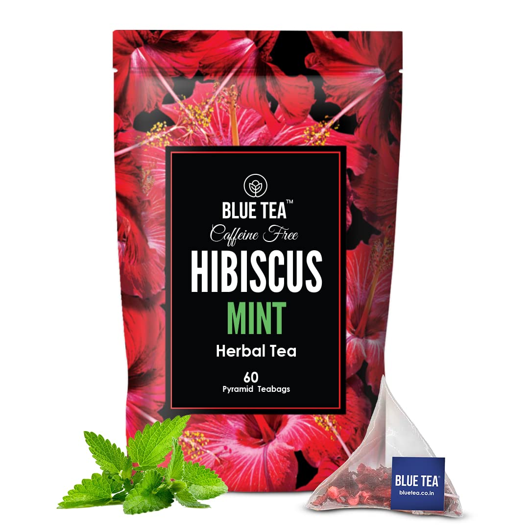 BLUE TEA - Hibiscus Mint Tea - 60 Tea Bags - Plant Based | SKIN GLOW ENHANCING TEA | Tangy Flavour | Flower Based - Caffeine Free - Non-GMO | Featured In Shark Tank | Ziplock Pouch