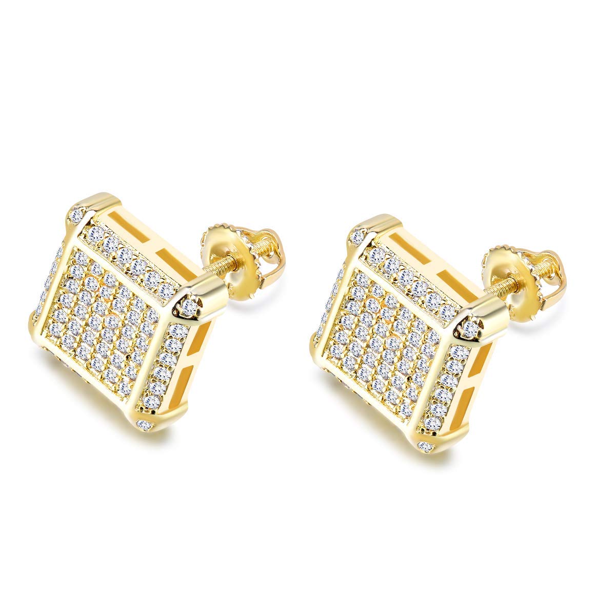 charlinliol18K Gold Plated 925 Sterling Silver Iced Out Cubic Zirconia Screw Back Square Stud Earring For Men and Women Hypoallergenic Earring TwoTone Micropave Hip Hop Jewelry