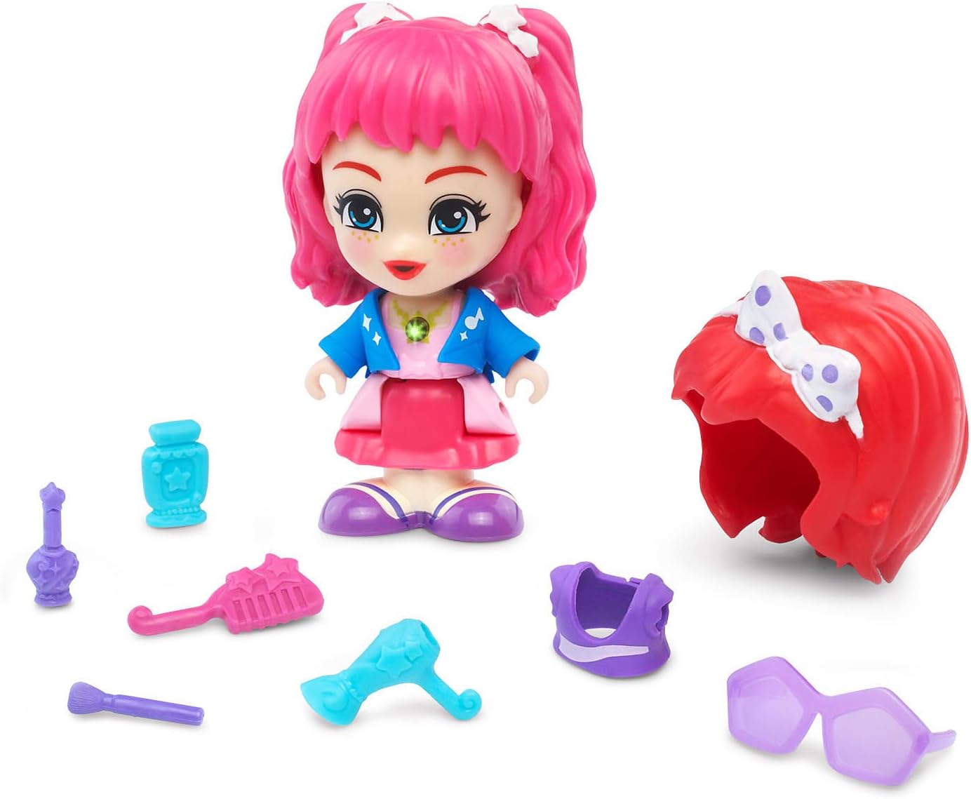 Jazz doll with various accessories including wigs, clothes, and small items