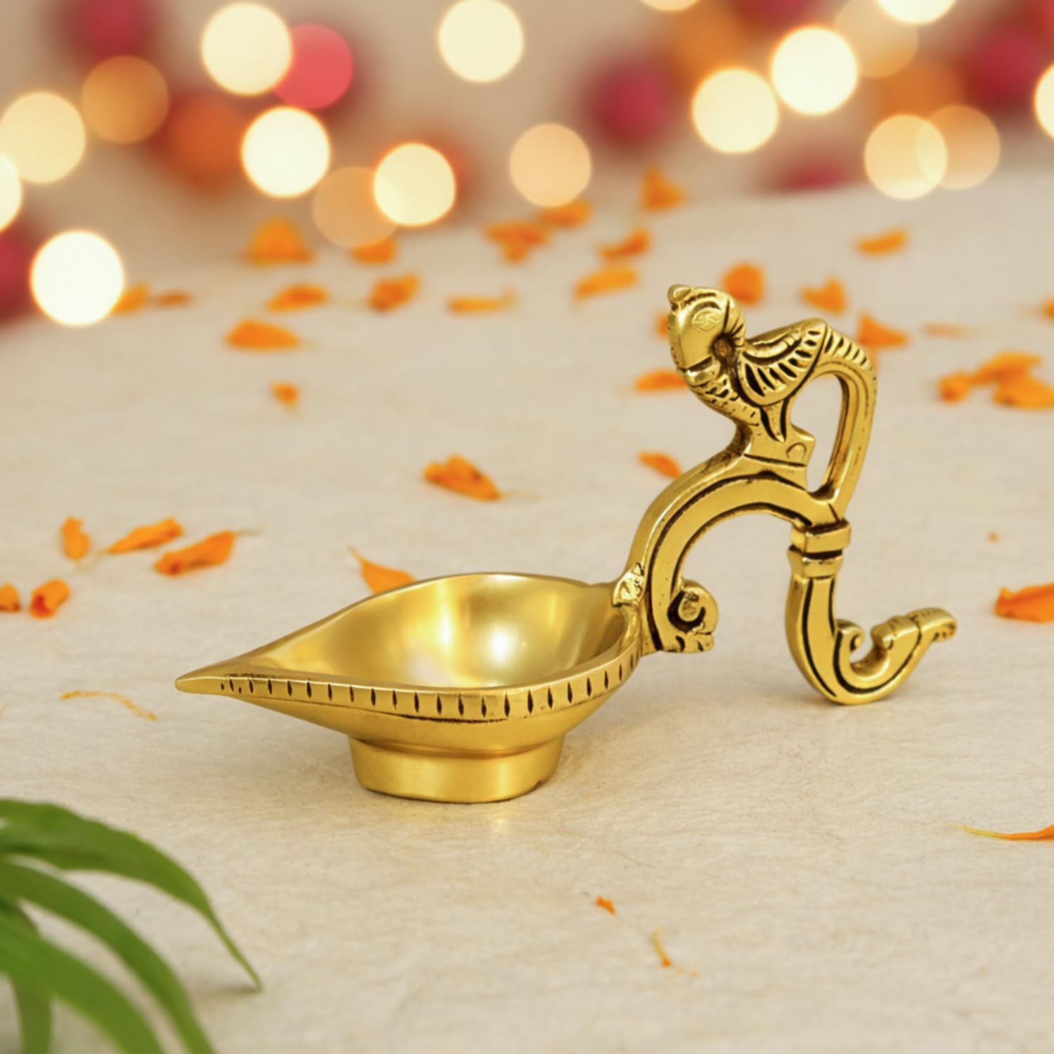Ekhasa 100% Pure Brass Peacock Diya with Handle & Stand | Antique Brass Diya for Pooja, Aarti & Home Decor | Traditional Peacock Deepam Stand, Arti Diya with Handle for Mandir & Festivals-image-45