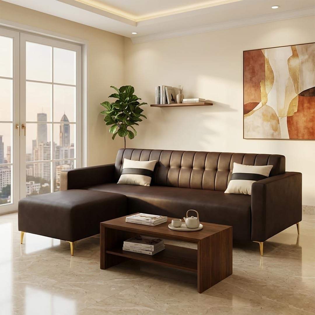 Anton 3 Seater Modular L Shape Sofa Set with Ottoman |Premium Leatherette Fabric with Golden Metal Legs | Modern Design | Plush Comfort Cushions for Living Room (Brown Leatherette)-image-16