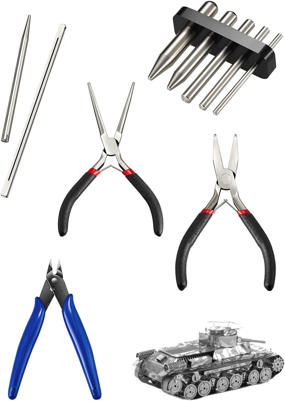 MAKINGTEC 10 Pieces Metal DIY Model Tool Sets, Tab Edge Cylinder Cone Shape Bending Assist Tools, Nozzle Pliers Flat Nose Pliers Needle Nose Pliers for 3D Metal Jigsaw Puzzles Assembly