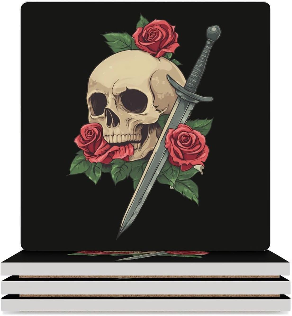 Sword Skull Coasters for Drinks Square Table Coasters Set Cup Mats with Cork Base