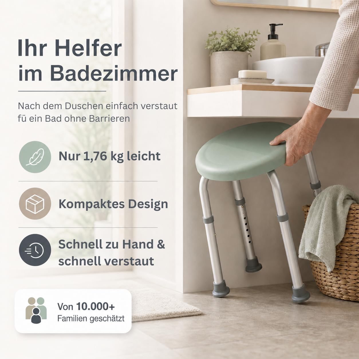 Duschhocker Duschstuhl für Senioren rutschfest | 360° drehbar mit Brausehalterung. Bis 136 kg. Höhenverstellbar. Badhocker, Hocker