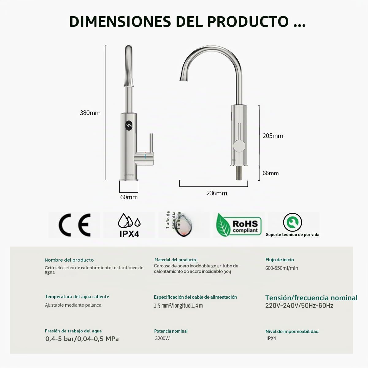 Grifo eléctrico con calentador de agua (220 V, rotación de 360° y pantalla digital, grifo de agua caliente con boquilla universal (plata)