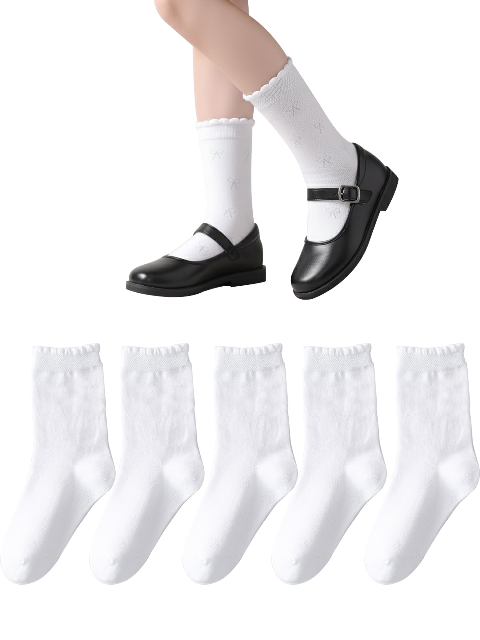Marchare Girls Ruffle Socks White Dressy Socks School Uniform Sock Heart Bow Design For Girl
