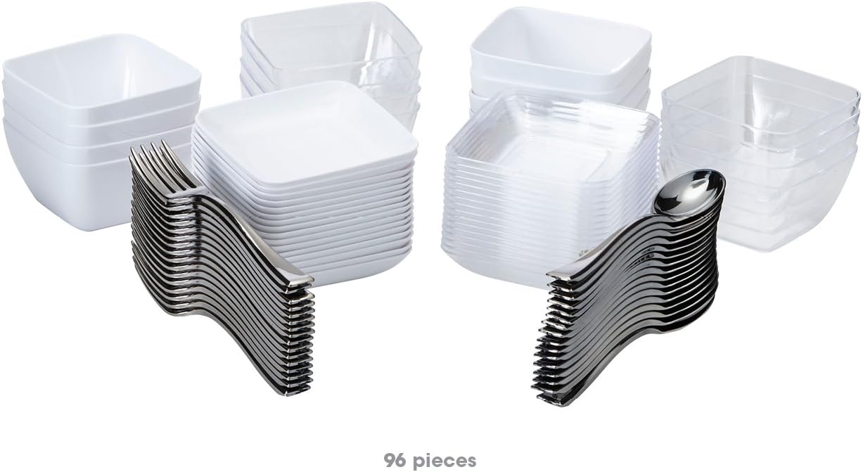  | Mozaik Premium Plastic Mini Appetizer & Dessert Tasting Set, 96 pieces (MMAPP96): Disposable Plates: Dessert Plates
