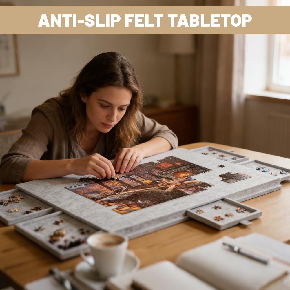 Tavolo puzzle 1000 pezzi, puzzle portatile con 6 cassetti, custodia leggera in feltro, contenitore portatile per 1000 pezzi, tavolo puzzle ribaltabile, per adulti e bambini (grigio) - 4