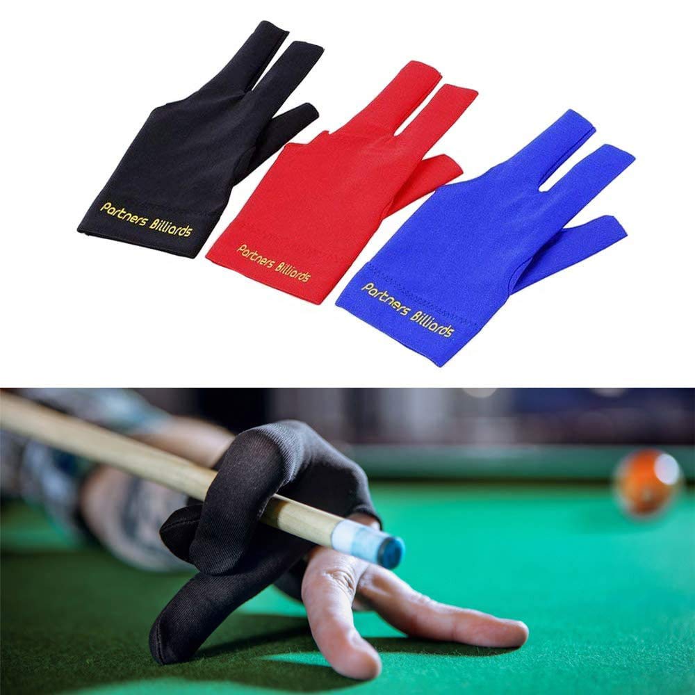 POFET Lot de 4 Gants de Queue de Billard élastiques en Lycra pour Main Gauche 3 Doigts Billard Snooker (Rouge, Bleu, Noir, Gris)