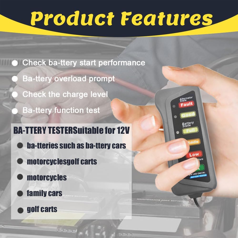 12V Car Battery Tester and Alternator Tester, Automotive Load Tester Indicator, 12 Volt Auto Check for Automobile