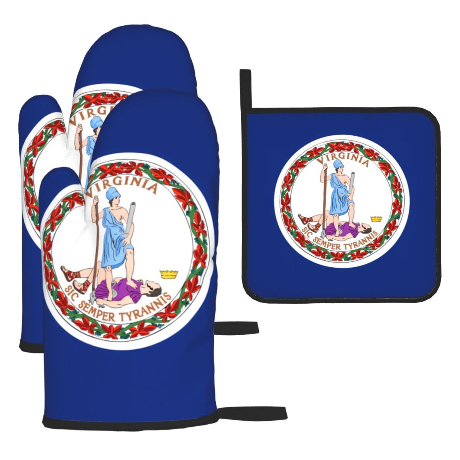 Flag of Virginia Oven mittens and oven mitts three-piece set suitable for oven, grilling, baking, microwave and home cooking.