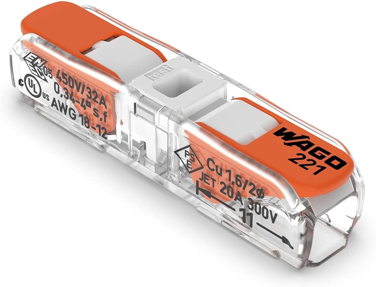 221-2401 | WAGO Lever-Nuts® Inline Splicing Connector | for Solid and Stranded Conductors | 2-Conductor with Operating levers | 20-12 AWG | Transparent housing | White Cover | [Bag of 10 Pieces]