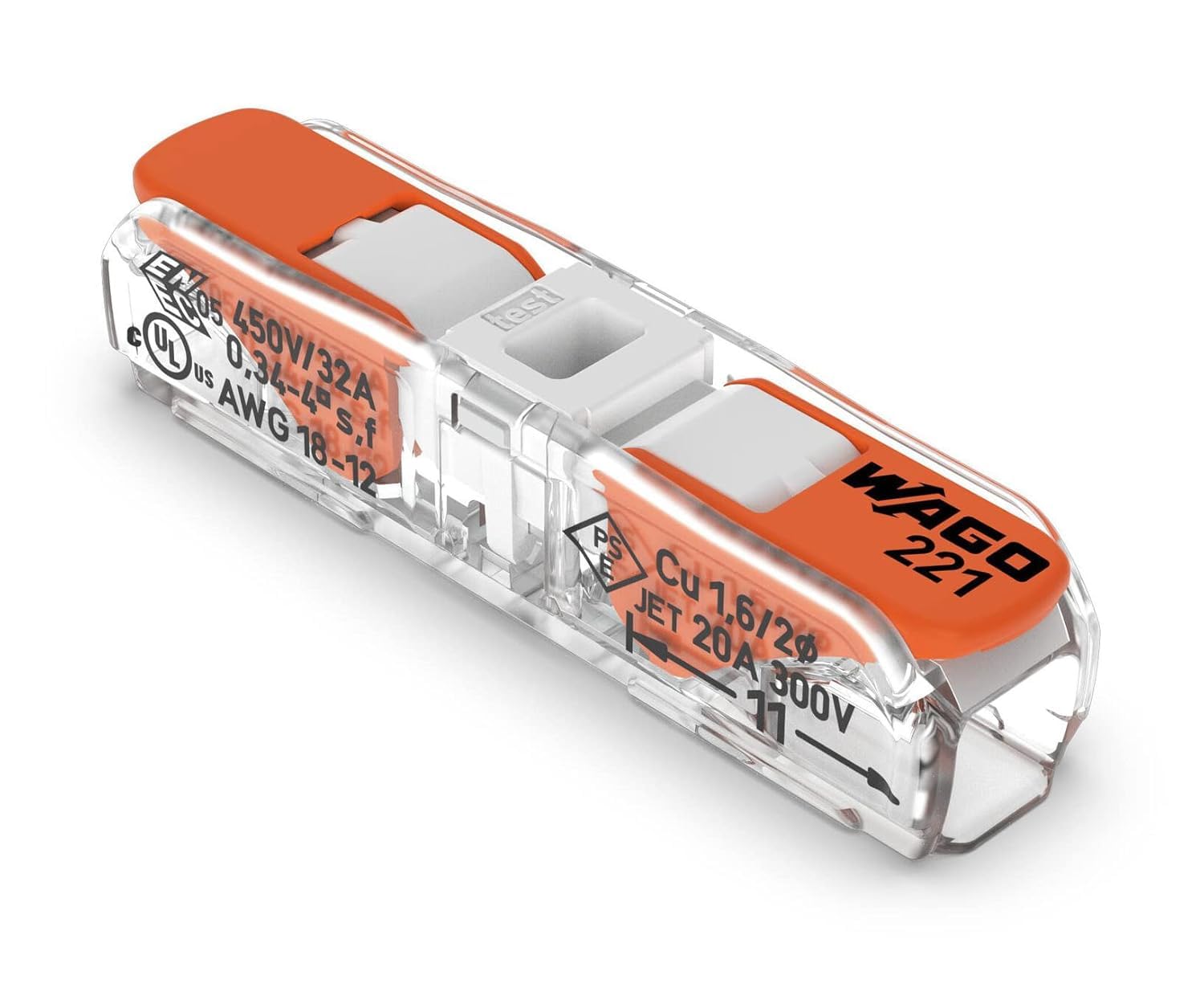 221-2401 | WAGO Lever-Nuts® Inline Splicing Connector | for Solid and Stranded Conductors | 2-Conductor with Operating levers | 20-12 AWG | Transparent housing | White Cover | [Bag of 10 Pieces]