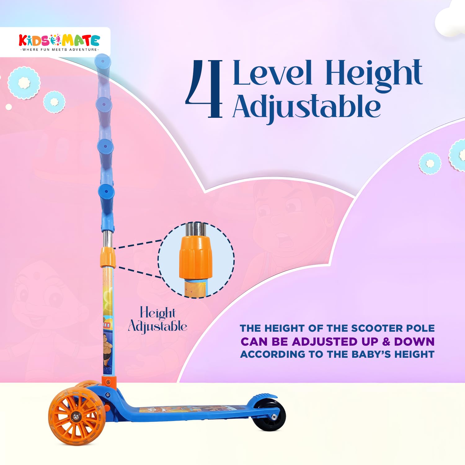 Kidsmate Chhota Bheem® Kick Scooter with Broad LED PVC Wheels | Non-Slip Wide Deck with Push Brake Kids Scooter for Age 3+ Yrs | 4-Level Height Adjustable | Max User Weight 50Kg - Blue 1