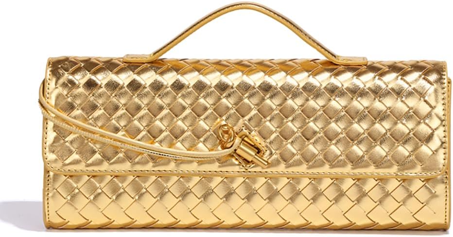 Dreubea Women’s Handmade Woven Evening Bag Casual Leather Shoulder Handbag Fashion Crossbody Clutch Purse Golden