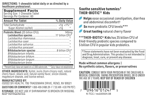 Klaire Labs Ther-Biotic Kids Chewable Probiotic - 25B Cfu Lactobacillus + Bifidobacterium Probiotics For Kids - Gi + Immune Support, Cherry Flavor - Hypoallergenic, Dairy-Free (60 Tablets) #TOP4
