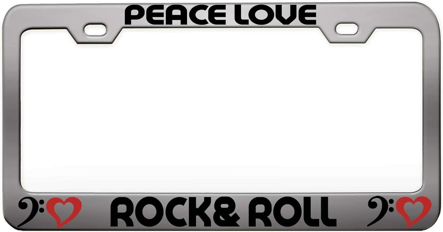 Peace Love Rock& ROLL Music Instruments Steel Metal Chrome License Tag Holder License Plate Frame, A57