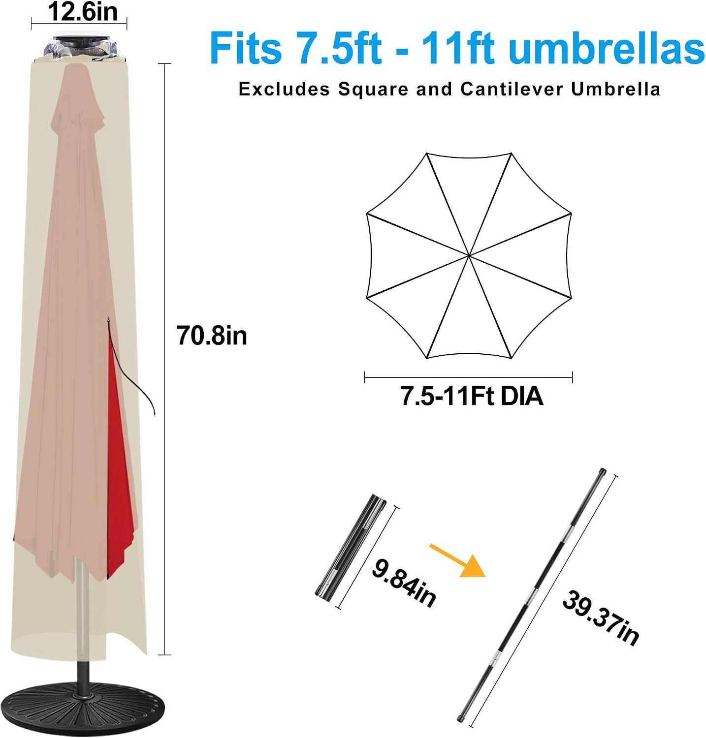 FLAME&SHADE Solar Outdooor Umbrella Cover - Solar Light Patio Umbrella Cover for 7.5 ft 9 ft 10 ft 11 ft, Oxford Waterproof, Table Market Umbrella LED Light Protection (Beige)