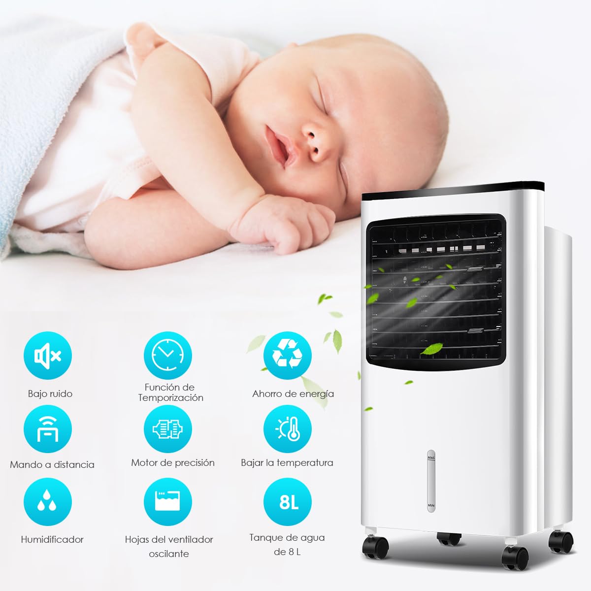 GOPLUS Aire Acondicionado Portátil 4 en 1, Purificación Ventilador Humidificador Enfriador de Aire Móvil con Depósito de Agua 8L, Climatizador Evaporativo 3 Velocidad, Temporizador 7,5H, Contro Remoto