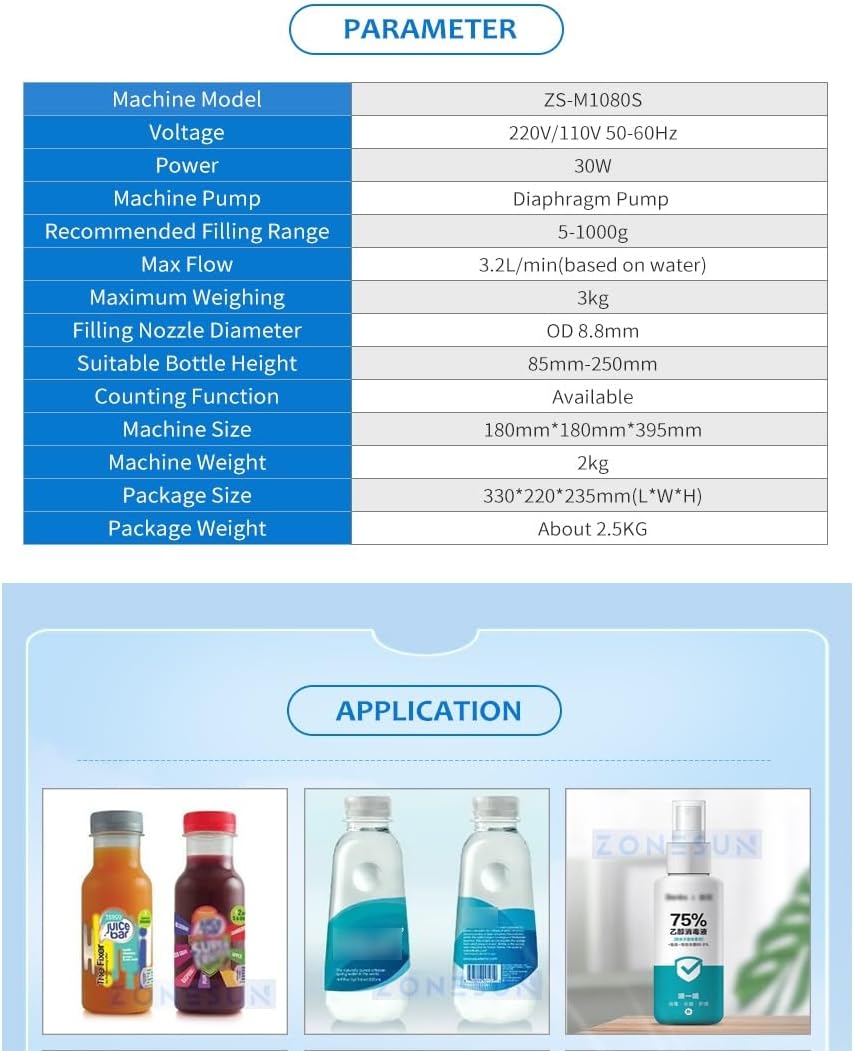 ZONEPACK ZONESUN Electric Small Liquid Weighting Filling Machine for Bottles 5-1000g, 180*181*395mm, Silver, ZS-M1080S