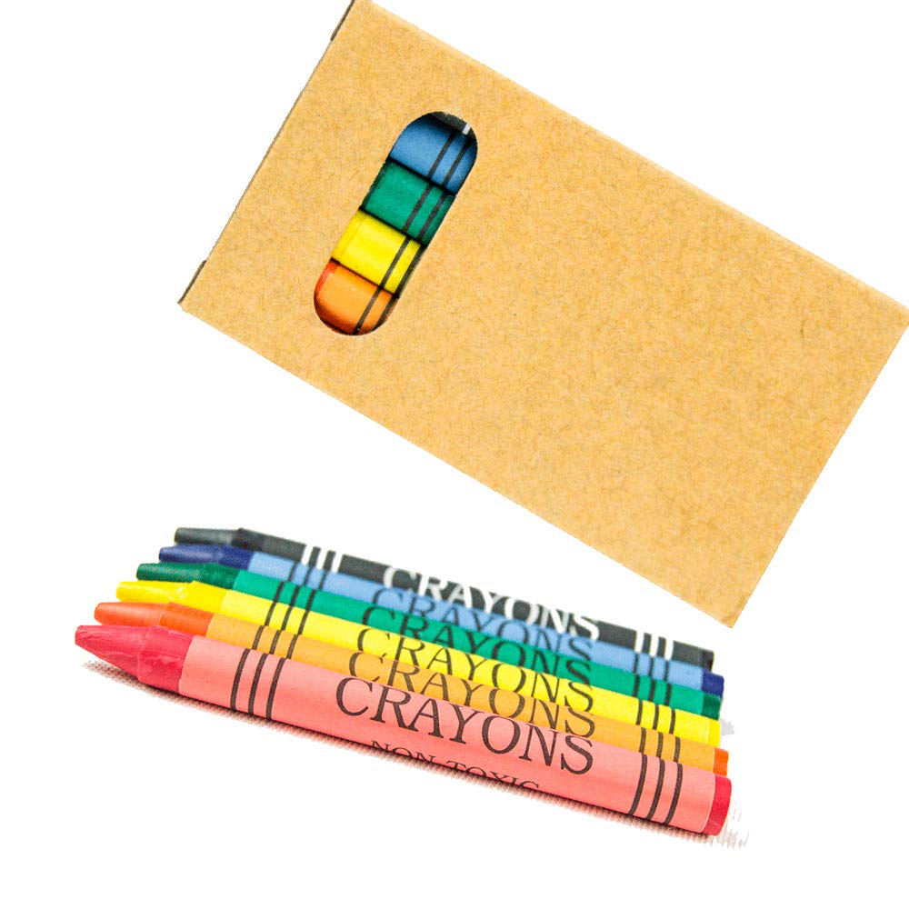 Lote de 100 cajas kraft con 6 ceras de colores cada cajita. Regalos para cumpleaños y eventos infantiles.