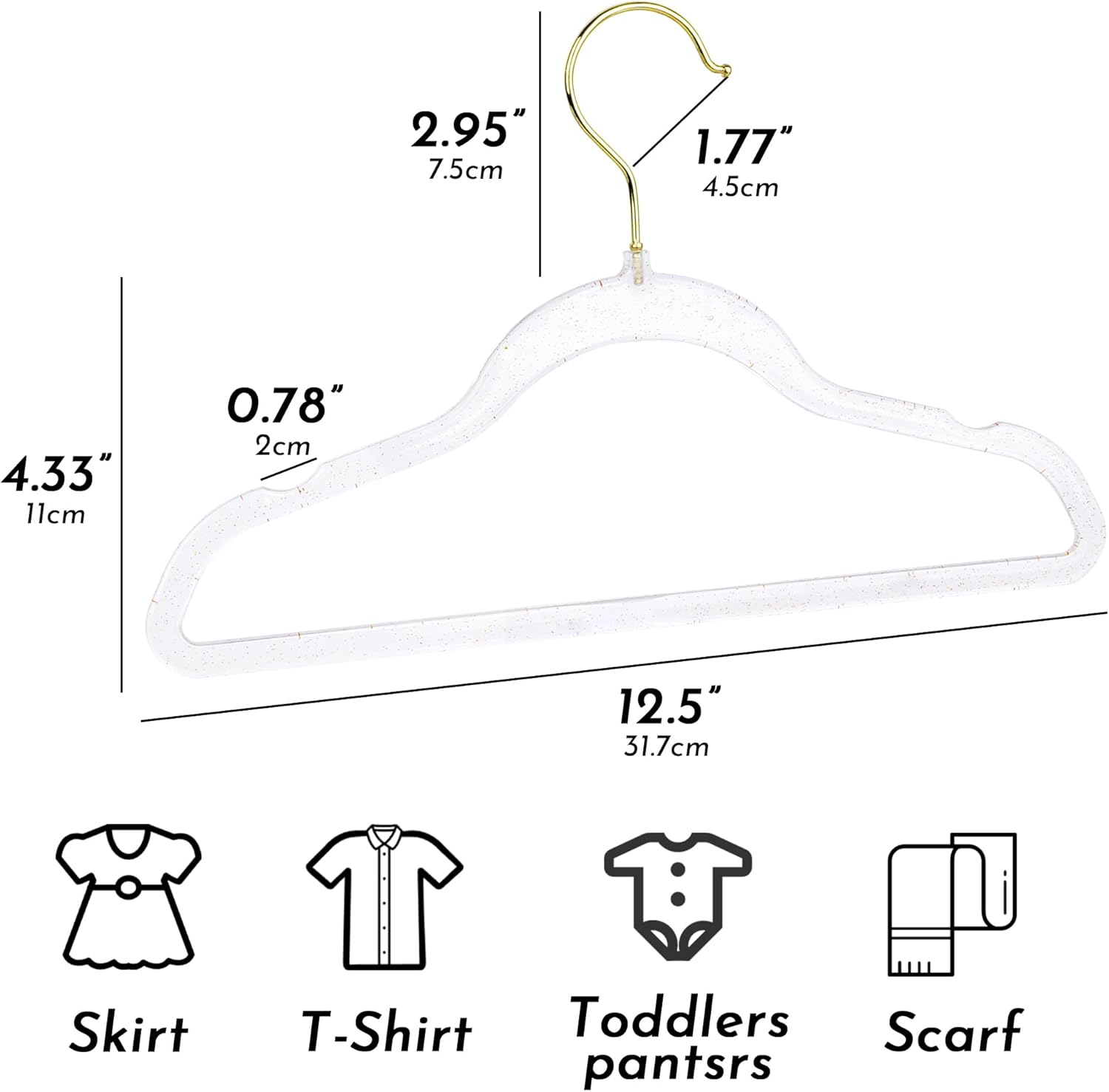 20-Pack Kids Glitter Clothes Hangers – Sparkly Non-Slip 12.5in (32cm) Slim Hangers for Nursery Closet Organization, Gold Glitter with Matching Hook