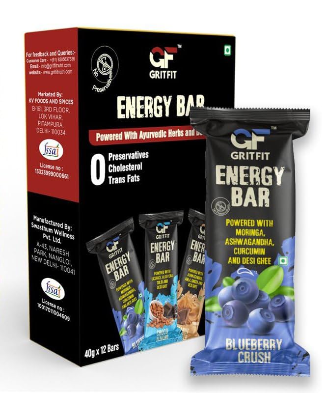 GRITFIT Superfood 40 grams Energy Bar Blueberry Crush [Pack of 12], 4.84g Protein and 3.13g Fiber Per Bar, Nutrient-Rich Snack, No Preservatives, Trans Fats or Cholesterol, 100% Veg for Energy & Immunity (B0CQP4QG69) Amazon Price History, Amazon Price Tracker