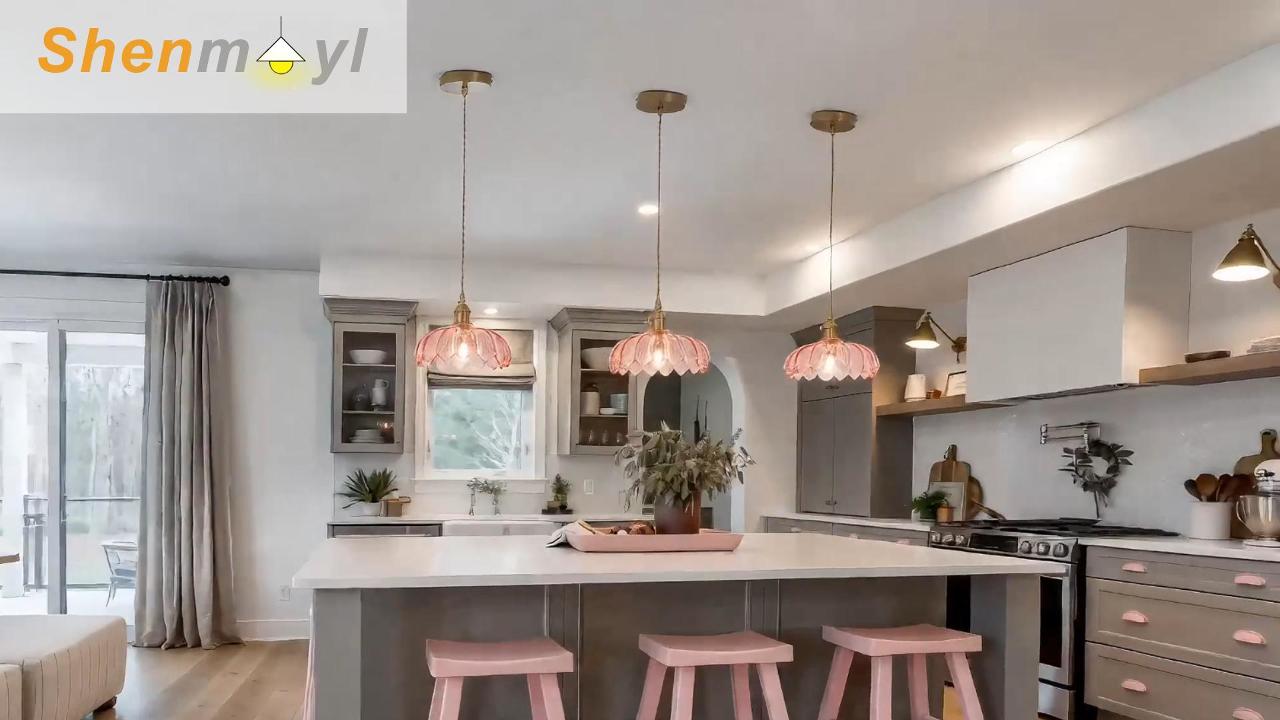 Image of Shenmoyl Pendant Light with Pink Scindapsus Glass Lmapshade, Brass Vintage Pendant Light Adjustable Hanging Light for Kitchen Island Dining Room Hallway