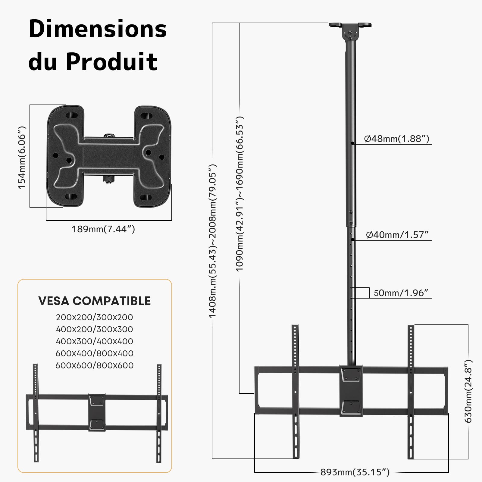 Support TV Plafond pour Écrans 50 à 100 Pouces, Charge 80 kg, VESA Jusqu’ à 800x600 – Réglable en Hauteur (1090–1690 mm), Inclinable et Pivotant, Support Professionnel pour Commerces et Cinéma Maison