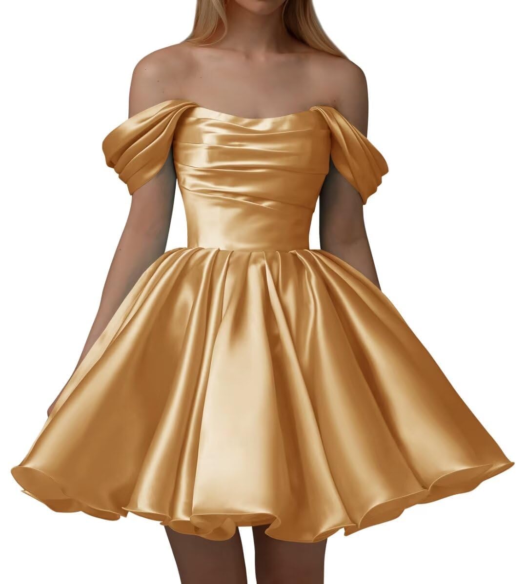 KURFACE Gold Satin Homecoming Dresses for Women Pleated Off Shoulder Plus Size Formal Party Dress UK22