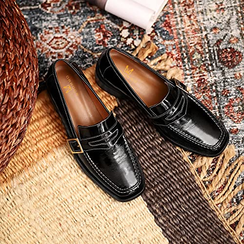 Image of MOOMMO Women Chunky Heel Penny Loafers Square Toe Buckle Slip On Comfort | Office Ladies Loafer Pumps 2 inch Stacked Block Heel Dress Loafers Oxfords Walking Dress Shoes Casual Size 4-11 M US