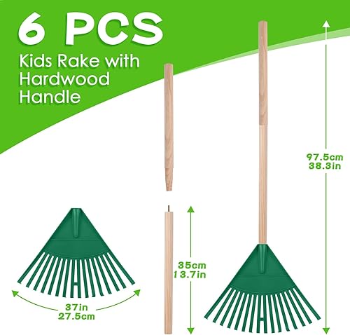 Miniatura 2 de 6 rastrillos para niños de 38 pulgadas con mango de madera dura, mango desmontable, herramientas de cuidado del césped para barrer hojas y ordenar
