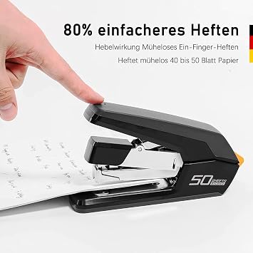 Effortless Desktop Stapler, 40-50 Sheet Capacity, One Finger Touch Stapling, Easy to Load Ergonomic Heavy Duty Stapler, Includes 1500 Staples and Staple Remover (Black, 40-50 Sheets)