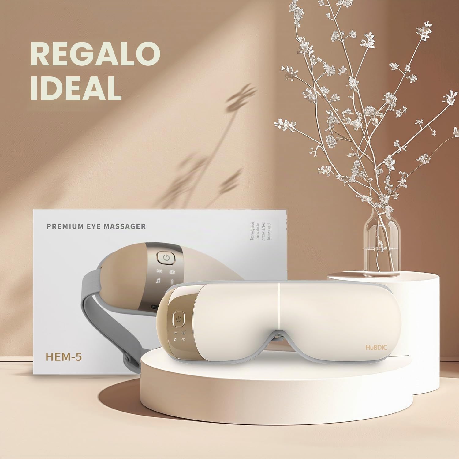 HubiCare Masajeador de ojos con calor, masajeador de vibración con música para migrañas, relaja y reduce la tensión ocular, círculos oscuros, bolsas de ojos, ojos secos, mejora el sueño (Marfil)