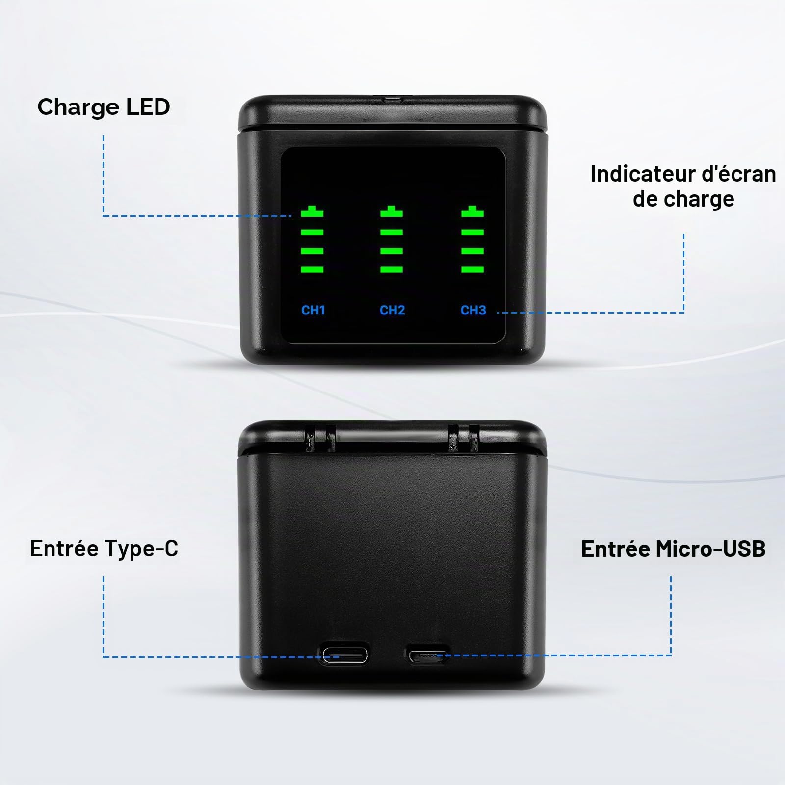 3 pièces de batteries de remplacement de 2580mAh pour GoPro Hero 12/11/10/9 avec station de charge USB-C à 3 canaux Type-C