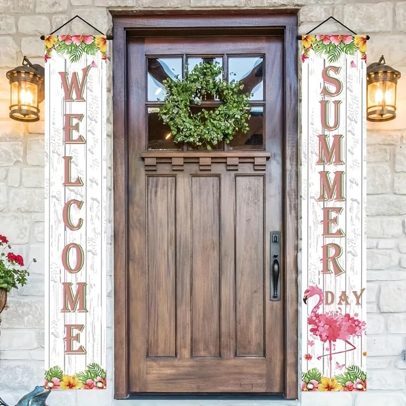 Image of BlissYard 2pcs Welcome Summer Door Banner Hawaiian Flamingo Porch Banners Sign Sunshine Hibiscus Floral Front Door Hanging Decor Banner for Seasonal Home Hawaii Tropical Party Outdoor Decorations