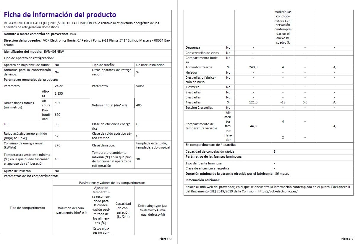 VOK Frigorífico Combinado No Frost 405L en 185.5cm - Compresor Inverter Silencioso 37dB, MaxVolume, Zona 0°C, Multi Air Flow, Clase E, Blanco, EVR-405NEW