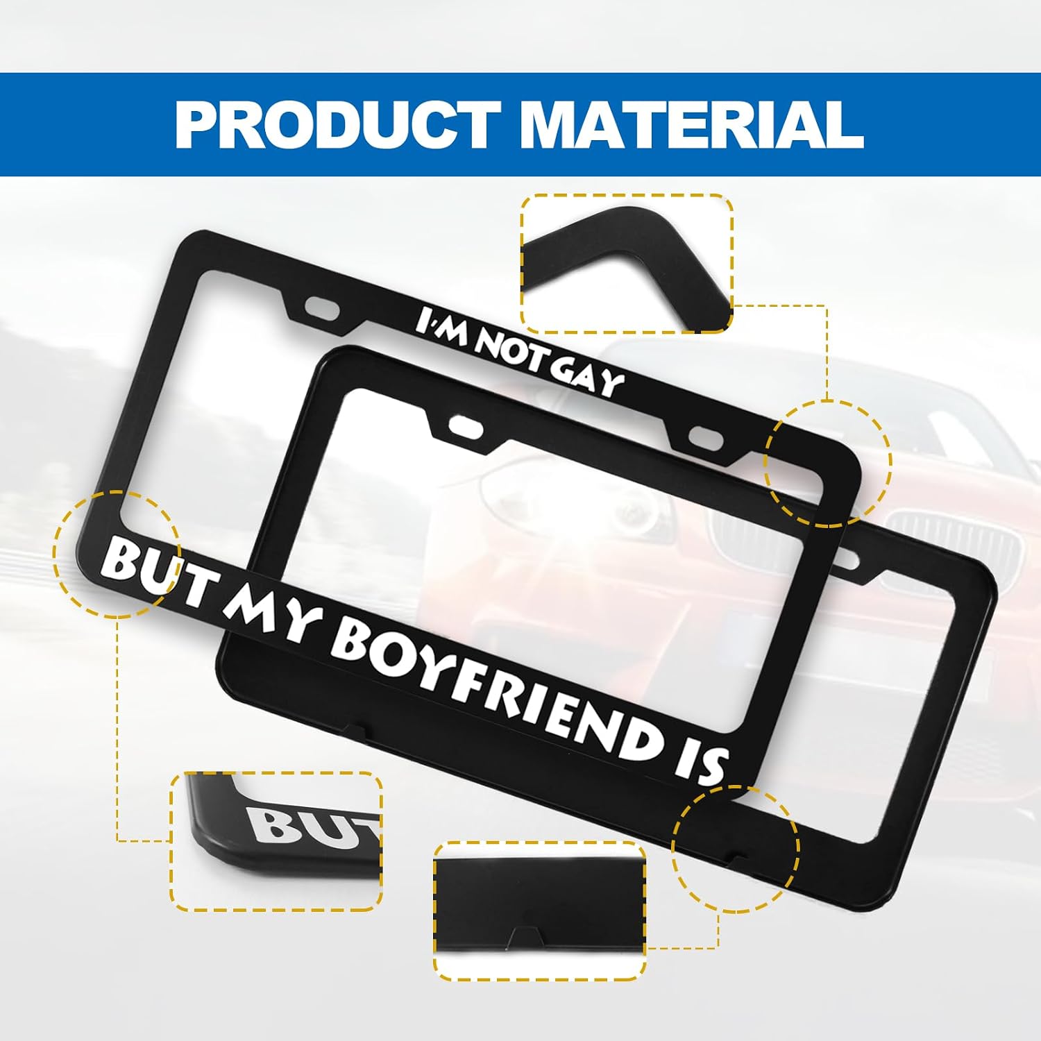 License Plate Frame with Humor Texts - I'm Not Gay But My Boyfriend is，Metal Aluminum Funny Black Car Cover Tag Holder Frames with 2 Holes and Screws US Vehicles Standard for Women Men（12 x 6 Inch） image 3