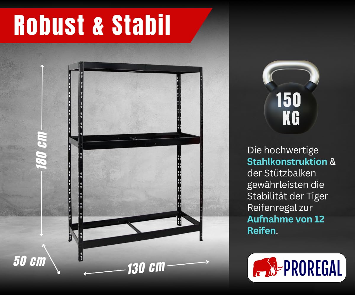 PROREGAL Scaffale per pneumatici Tiger, nero, 180 x 130 x 50 cm, fino a 12 pneumatici, con ripiano, per garage