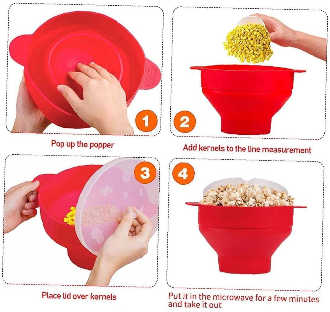 2 Stück Home Mini Mikrowelle Popcorn Maker, zusammenklappbarer Silikon Popcorn Griff Hochtemperaturbeständige Schüssel für Küche Home Party