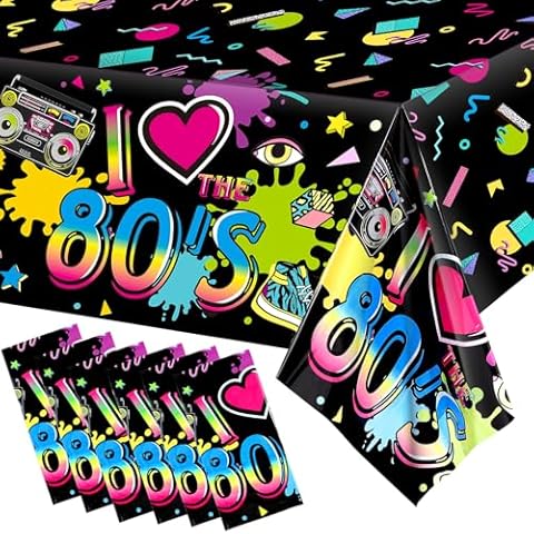 Tegeme 6 Pack 80s Plastic Party Tablecloth 80's Party Table Cover 80s Birthday Party Supplies The 80's Hip Hop Party Decoration Throwback Birthday Party Decoration for Dining Room, 54 x 108'' Cover