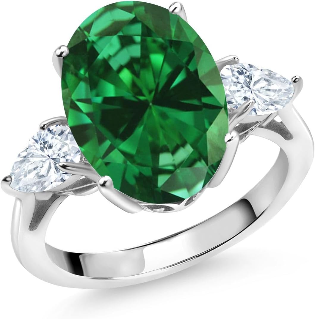 3-Stone Engagement Ring for Women | Gemstone Birthstone and White Moissanite | 925 Sterling Silver | Oval 14X10MM and Pear Shape 6X4MM | Three-Stone Anniversary Wedding Promise Ring | Size 5-9