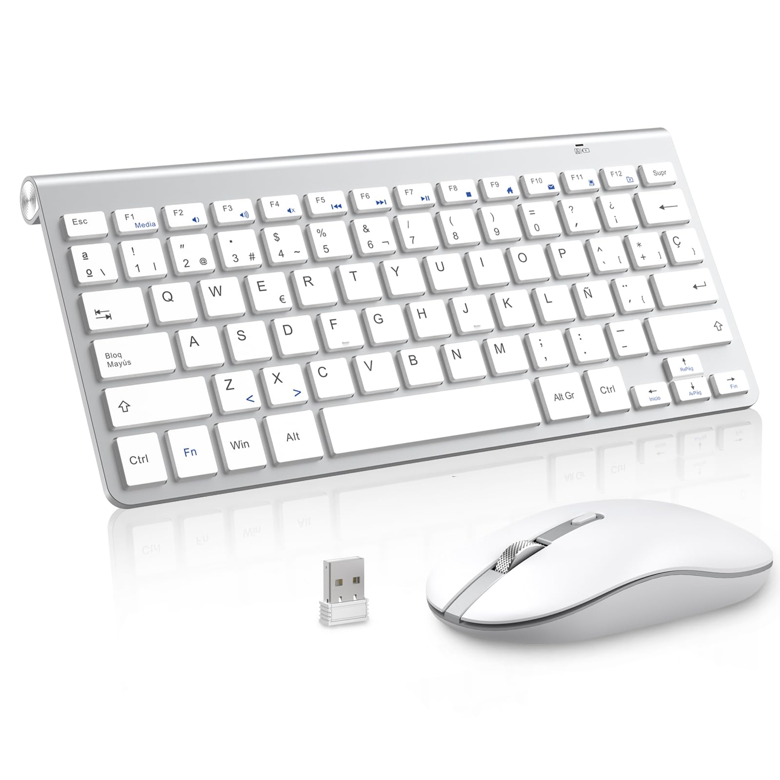 Teclado y ratón inalámbricos, PINKCAT 2.4G Set de Teclado Ultrafino y ratón ergonómico silencioso con 12 accesos directos Multimedia para Ordenador, PC, Tableta, Ordenador de sobremesa (Plateado)