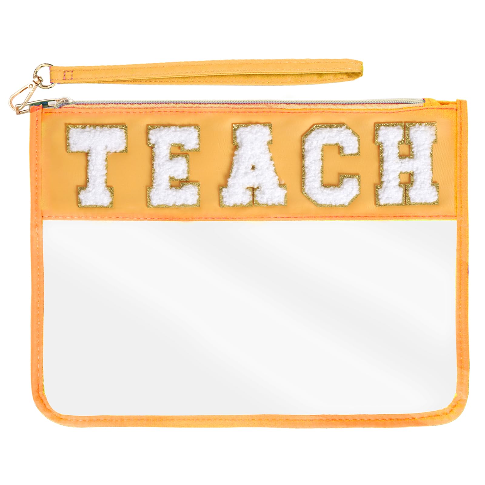 Hmxpls Chenille Letter Bag, Nylon Clear Cosmetic Bag with Zipper, Makeup Travel Pouch for Women Girls Gift (Yellow-TEACH)