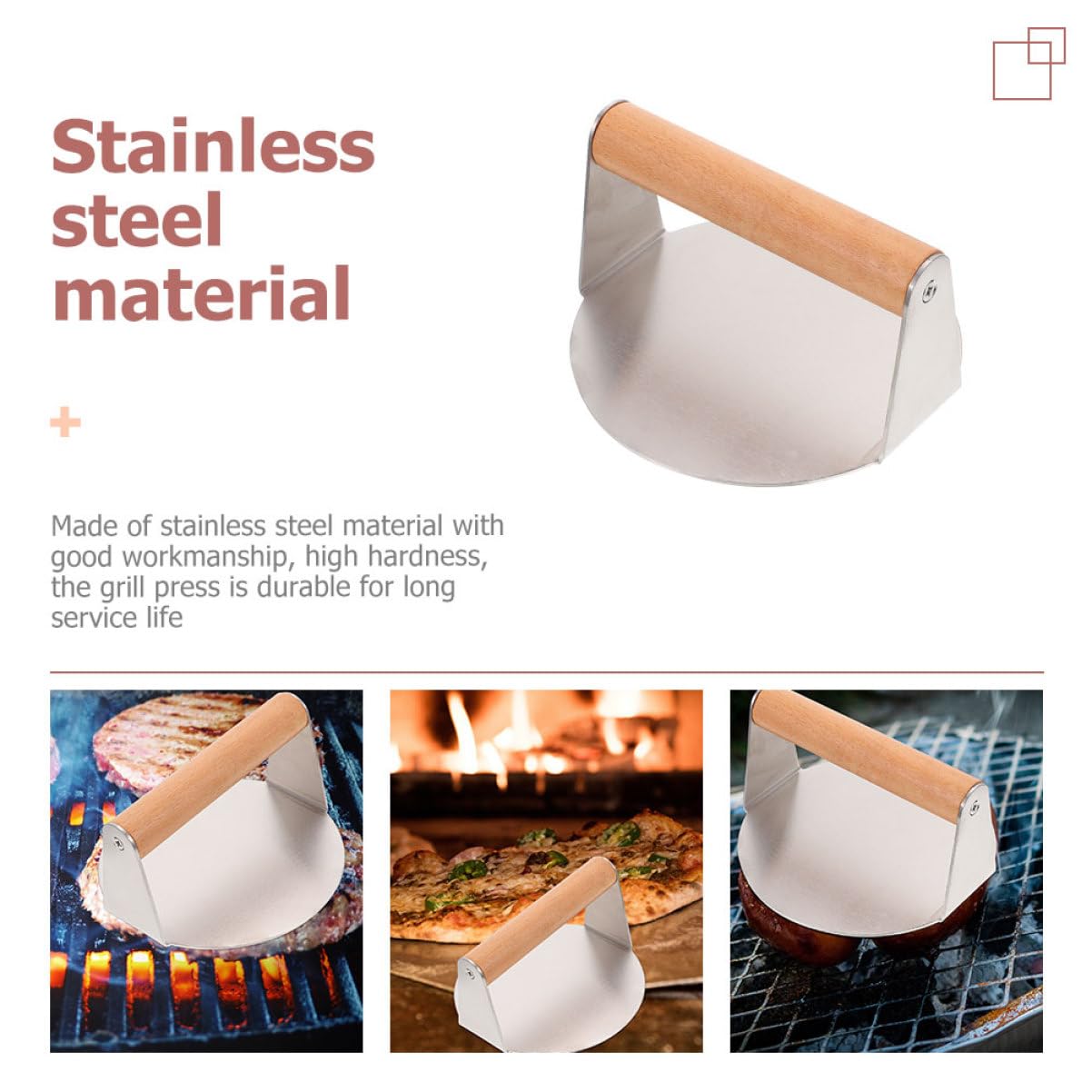 Prensa Manual Redonda de Acero Inoxidable y Madera para Hamburguesas | Color Plata, Tamaño Uniforme Pieza, Mango Cómodo, Uso en Parrilla o Plancha