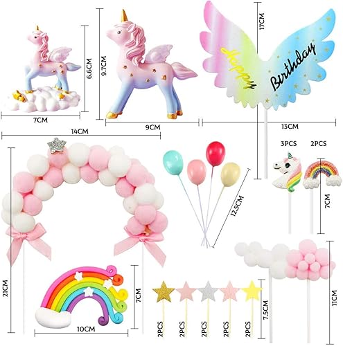 Miniatura 2 de MOVINPE Decoración para pastel de unicornio, escultura de unicornios mágicos, arco de bola de pelo rosa, arco iris, alas, pancarta de cumpleaños,