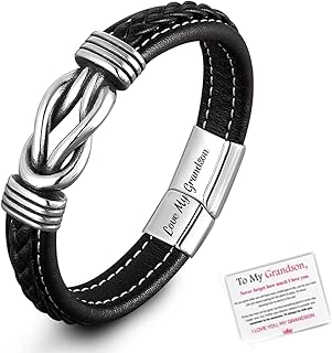 Mother and Son Forever Linked Together Braided Leather Bracelet， To My Son Bracelets from Mom Stainless Steel Interlocking Wristband Son Graduation Inspirational Birthday Jewelry Gift with Card Box (My Grandson)